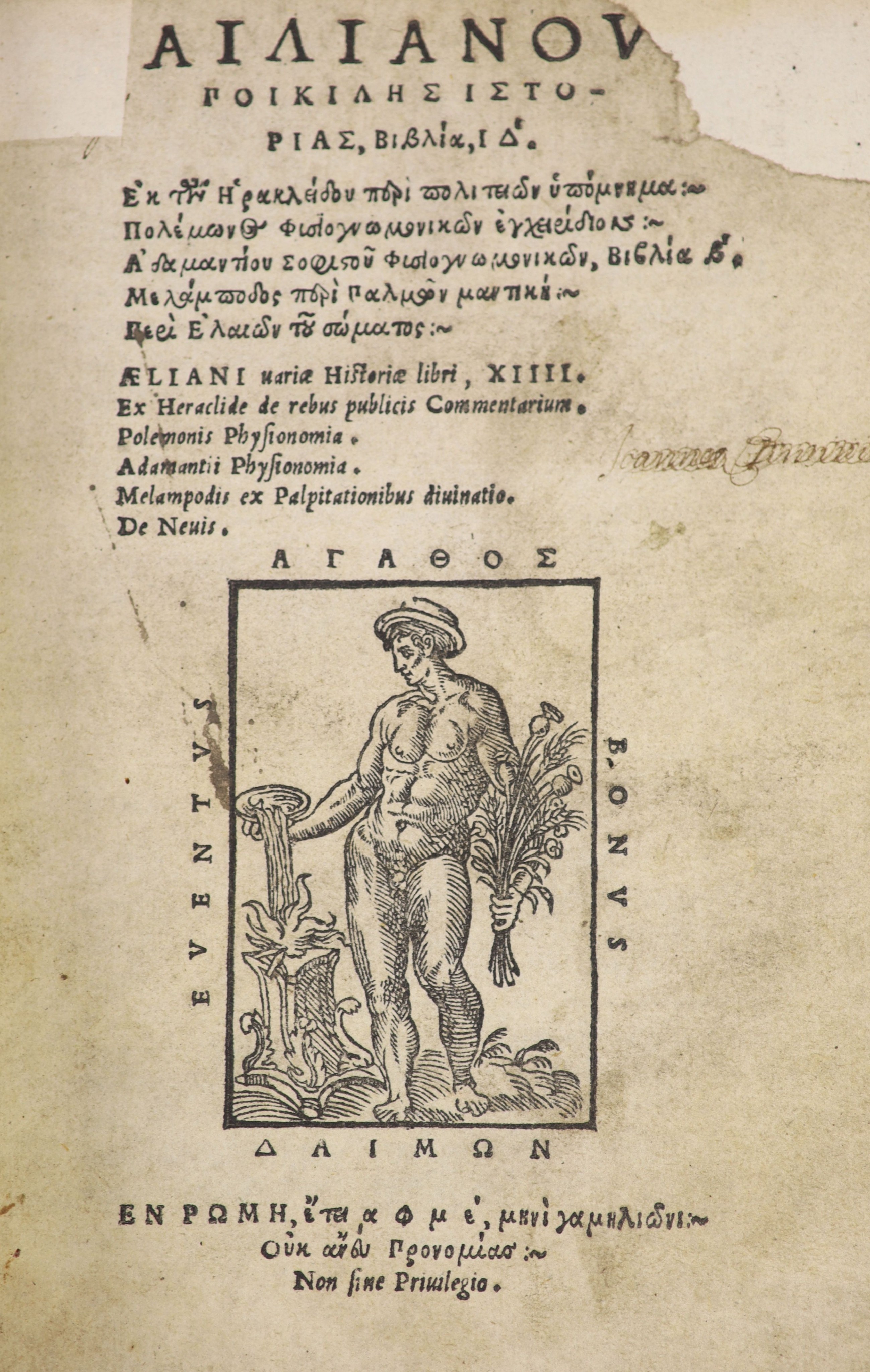 Aelianus, Claudius [Gk. title] Variae Historiae Libri XIII, engraved title device and large device on colophon; (4), III (12) ff, 19th century gilt decorated calf with panelled spine, marbled e/ps, sm. 4to. Rome: (Antoni